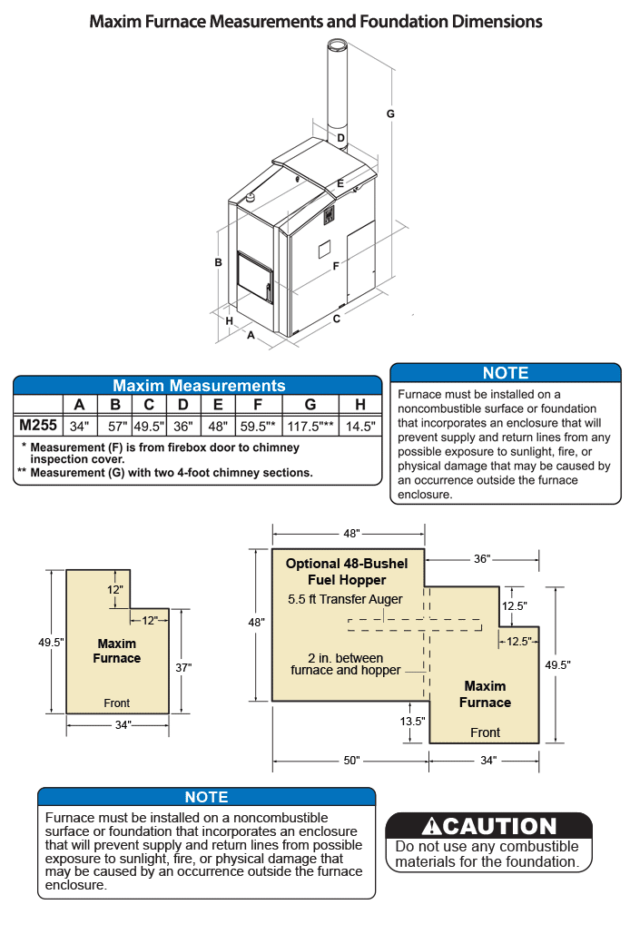 Maxim furnace measurements and dimensions